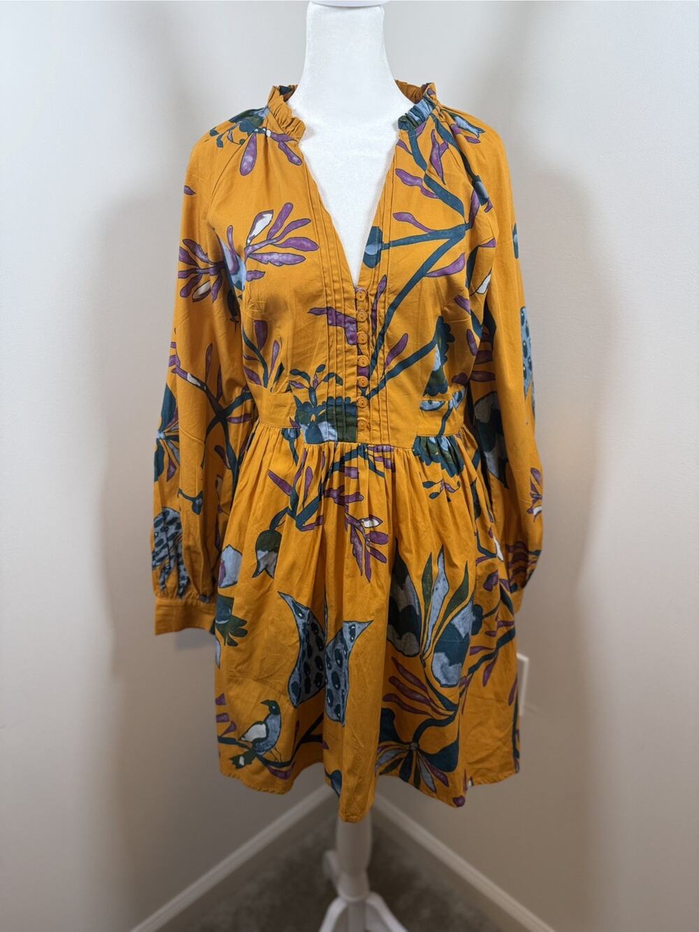 Anthropologie Let Me Be Printed Tunic Dress Mini Floral Small Cotton Boho Floral